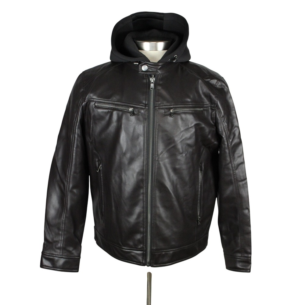 Michael Kors Jacket Mens L Espresso Faux Leather Hooded Moto Bomber MMK89936